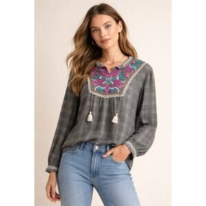 Johnny Was Silk Embroidered Tassel Yoke Blouse Miriya Plaid Size Small NWT